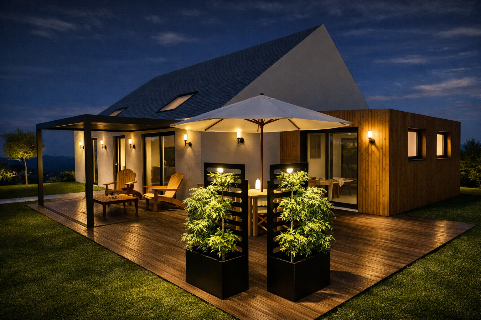 Extension avec pergola et terrasse en bois